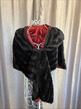 Luxury Black Faux Fur Shrug with Copper/Burnt RedSatin Lining